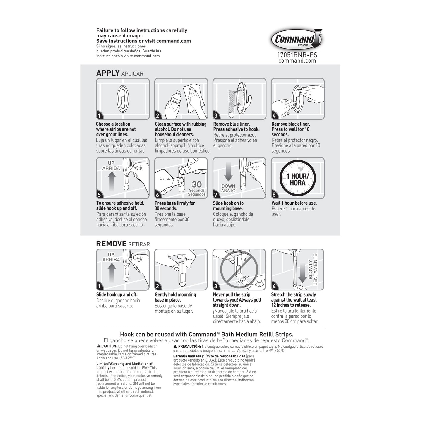 Command Bath Medium Hooks, Brushed Nickel, 2 Wall Hooks, 4 Water Resistant Strips