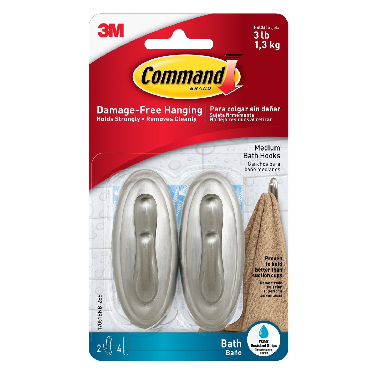 Command Bath Medium Hooks, Brushed Nickel, 2 Wall Hooks, 4 Water Resistant Strips