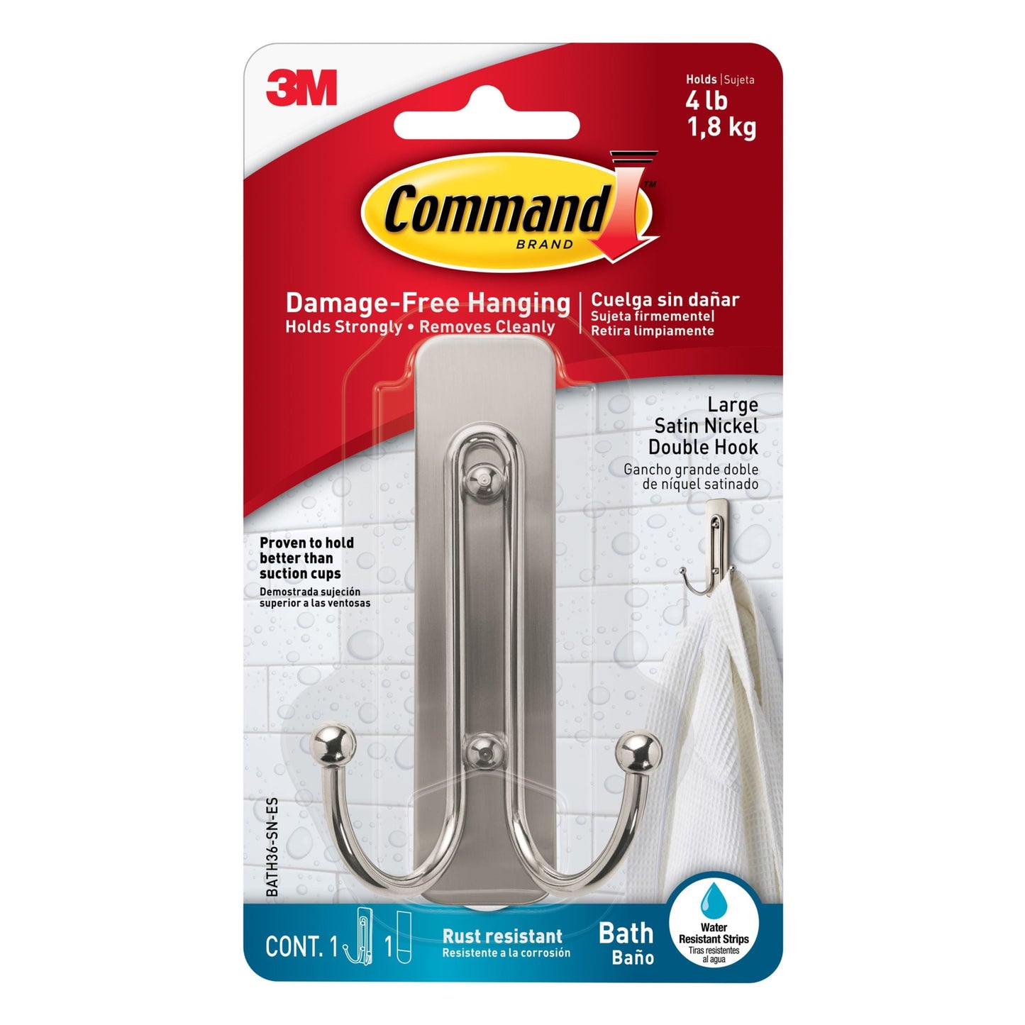 Command Large Double Bathroom Wall Hook, Satin Nickel, Damage Free Hanging, 1 Metal Hook