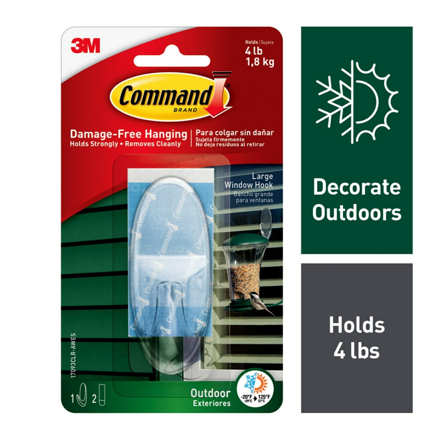 Command Outdoor Clear Window Hook, Large, 1 Hook, 2 Strips/Pack