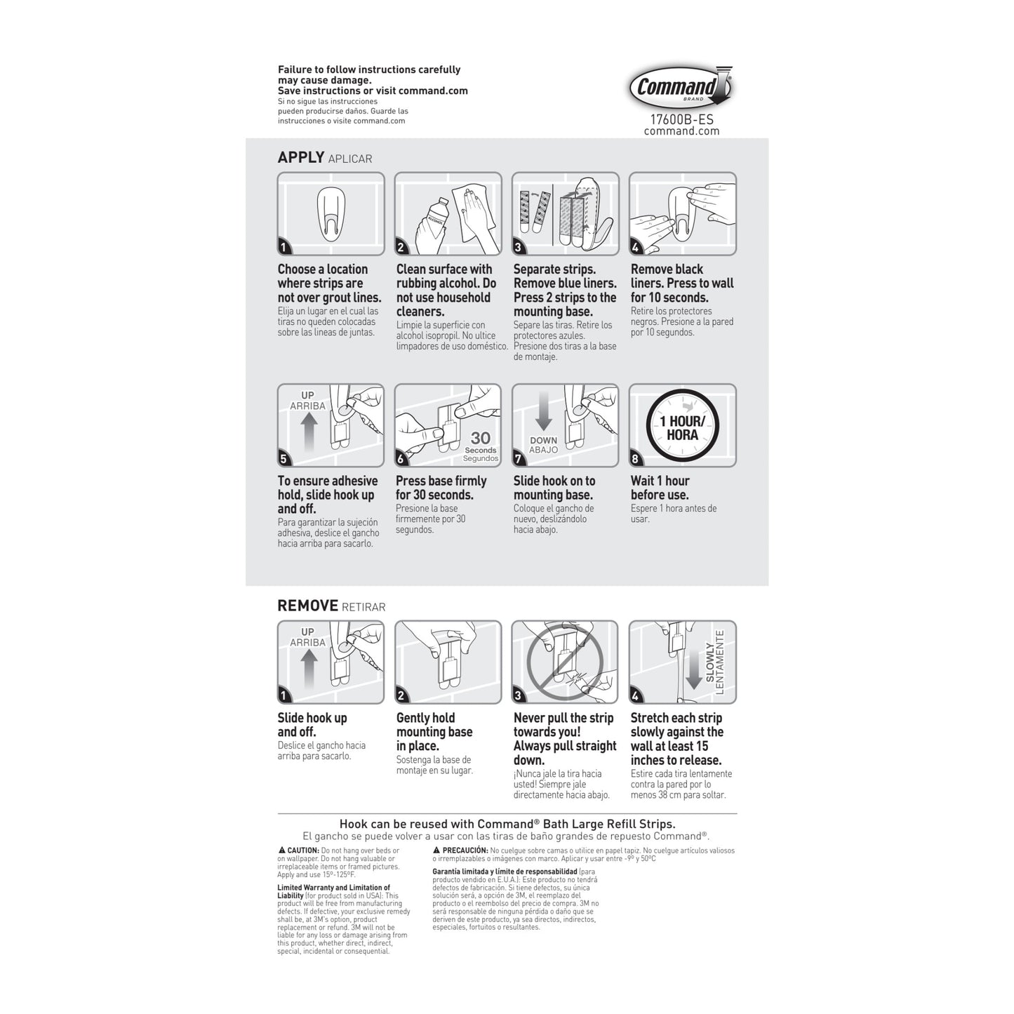 Command Bath Hook, White, Large, 1 Wall Hook, 2 Water Resistant Strips, Hang Robes or Loofahs