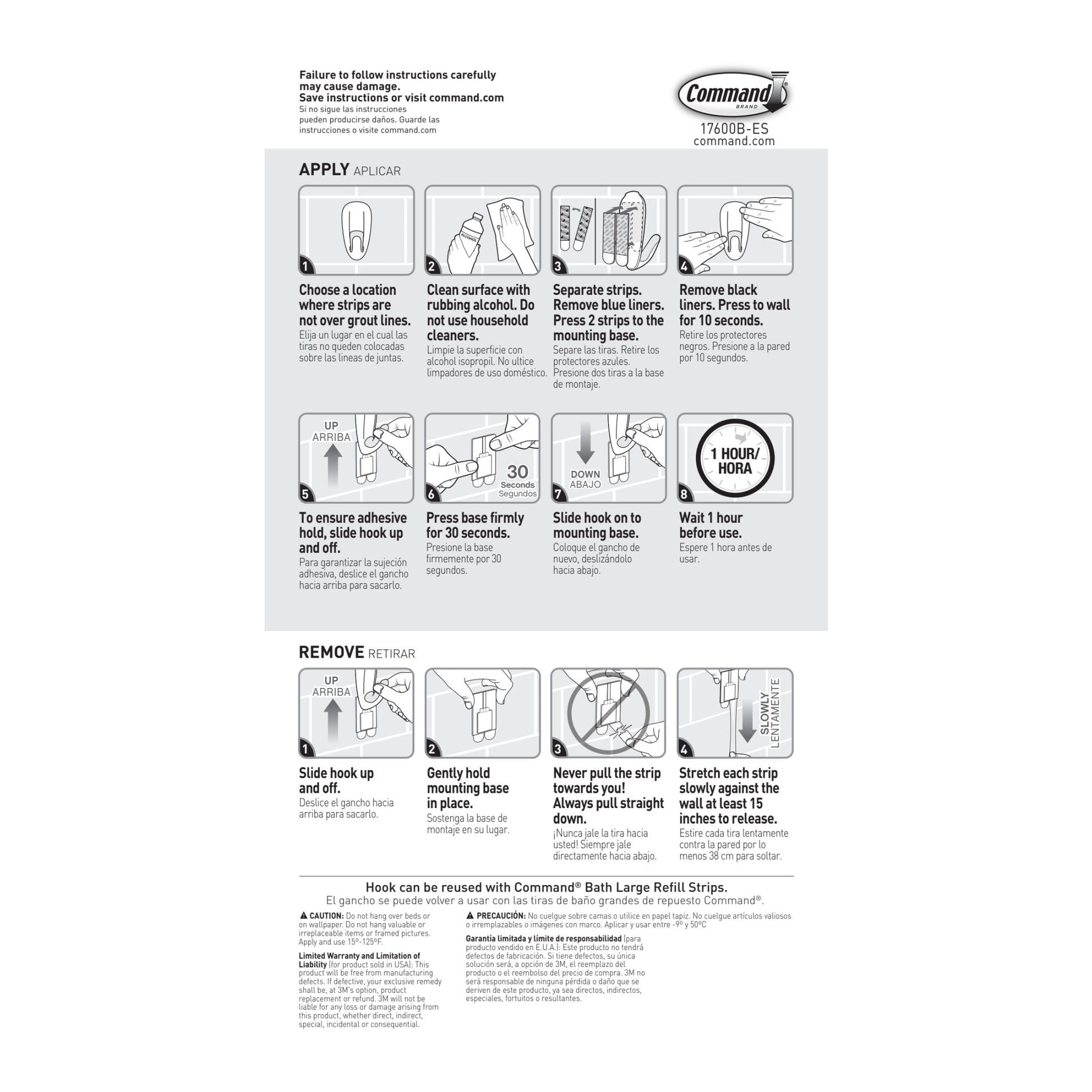 Command Bath Hook, White, Large, 1 Wall Hook, 2 Water Resistant Strips, Hang Robes or Loofahs