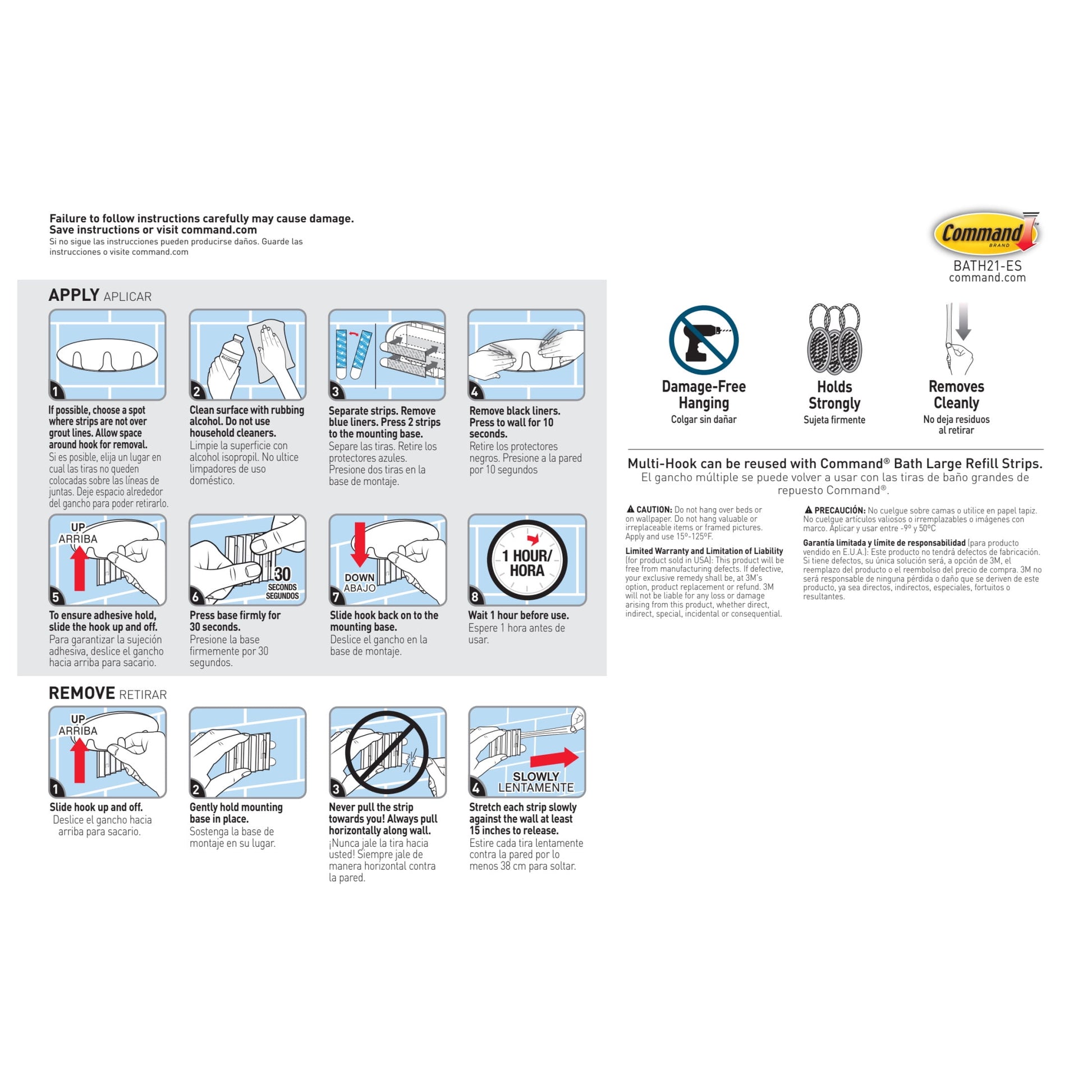 Command Bath Multi-Hook, 1 Wall Multi-hook, 2 Large Water Resistant Strips, Bathroom Organization