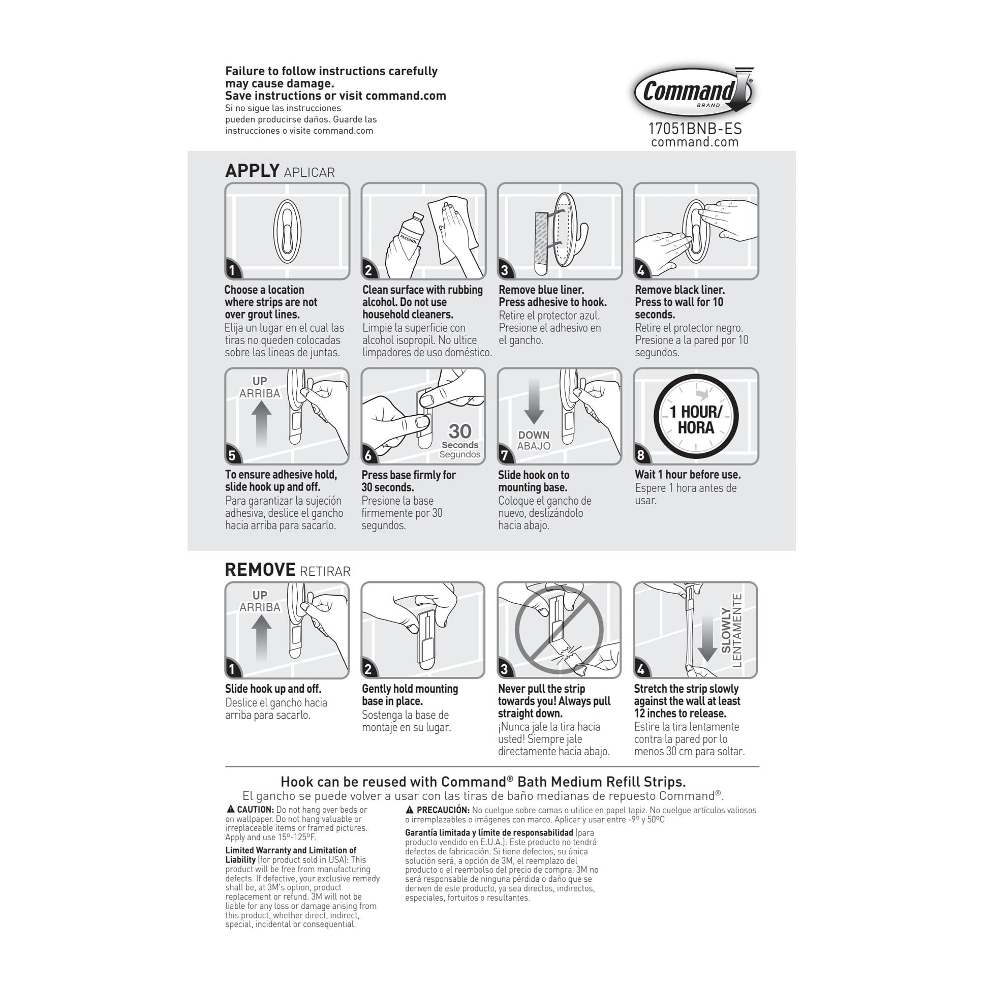 Command Bath Medium Hooks, Brushed Nickel, 2 Wall Hooks, 4 Water Resistant Strips
