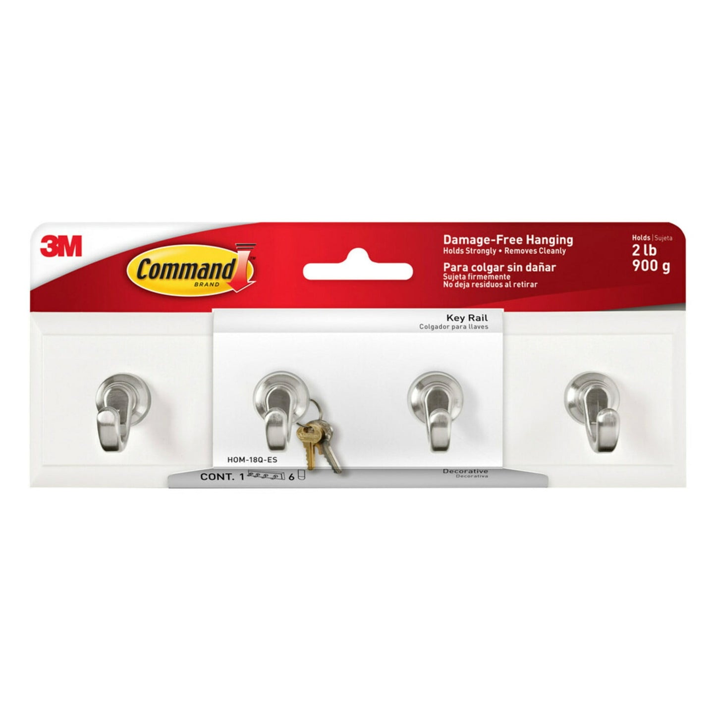 Command White Key Rail, 4 Hooks, 1 Key Holder for Wall, 6 Strips/Pack