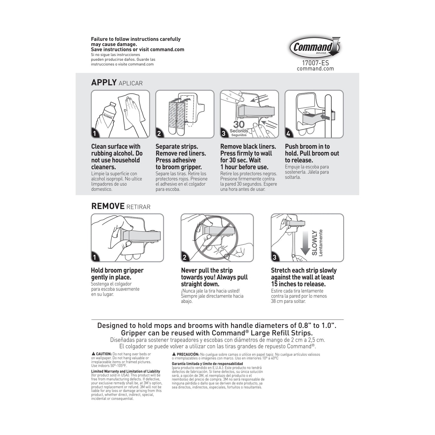 Command Broom and Mop Grippers Wall Hook, White, Damage Free Organizing, 3 Hangers