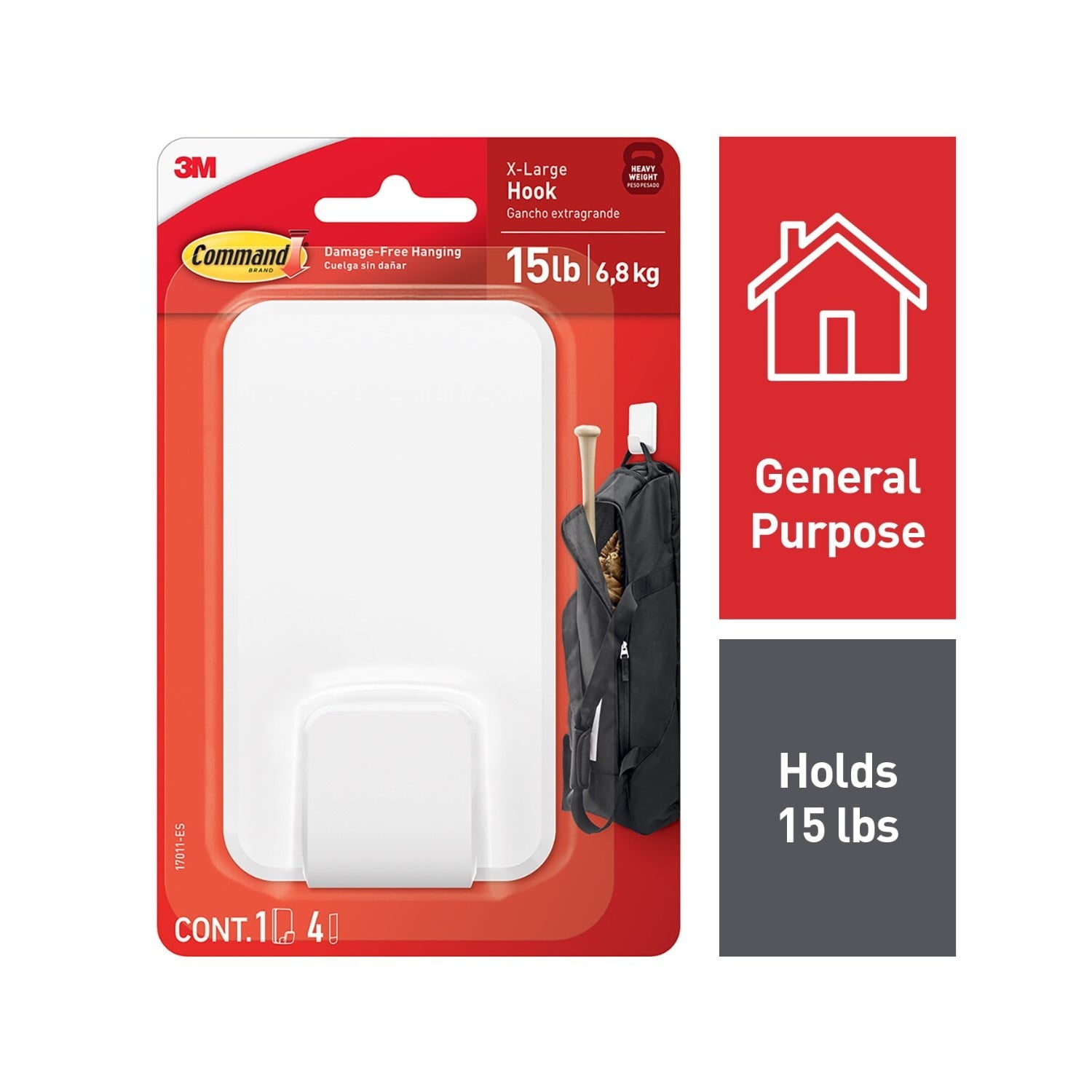 Command 15 lb XL Heavyweight Hook, White, 1 Wall Hook, Damage-Free Hanging