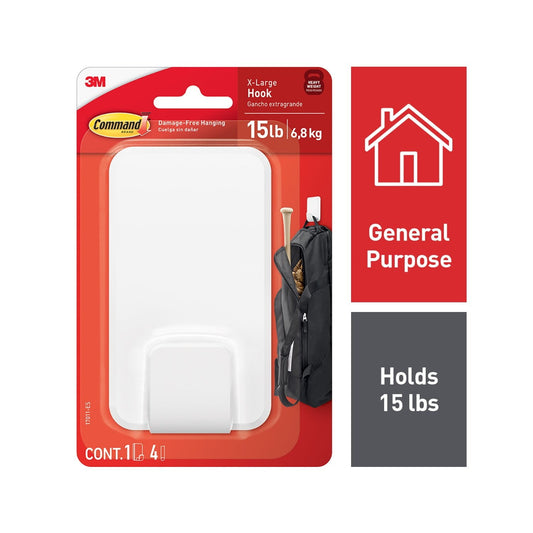 Command 15 lb XL Heavyweight Hook, White, 1 Wall Hook, Damage-Free Hanging