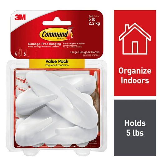 Command Large Designer Hooks, White, 4 Wall Hooks, Damage-Free Hanging
