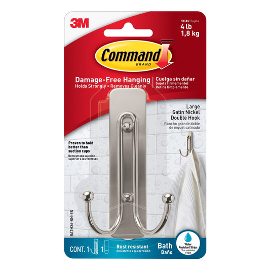Command Large Double Bathroom Wall Hook, Satin Nickel, Damage Free Hanging, 1 Metal Hook