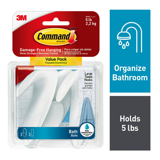 Command Large Towel Hooks Value Pack, Frosted, 3 Wall Hooks, Holds 5 lbs, Bathroom Organization
