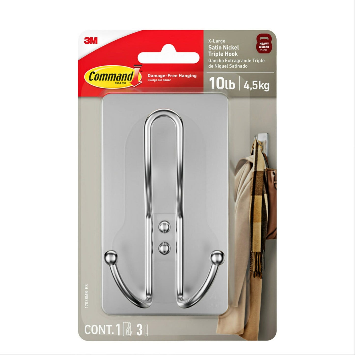 Command X-Large Satin Nickel Triple Hook, 1 Hook, 3 Strip