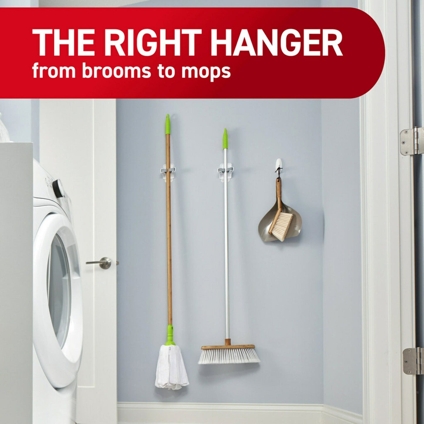 Command Broom and Mop Grippers Wall Hook, White, Damage Free Organizing, 3 Hangers