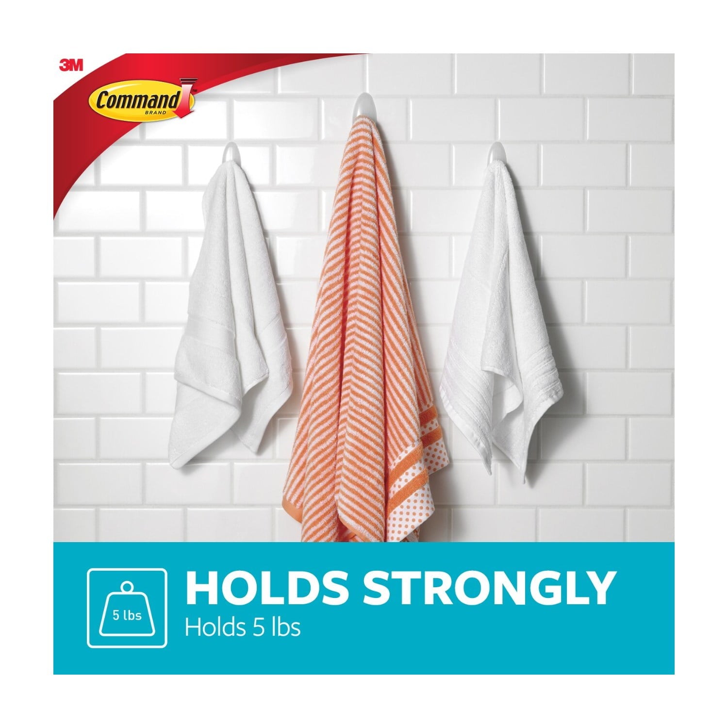 Command Large Towel Hooks Value Pack, Frosted, 3 Wall Hooks, Holds 5 lbs, Bathroom Organization